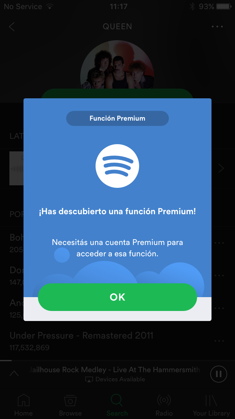A screen showing I need a premium account - in spanish..