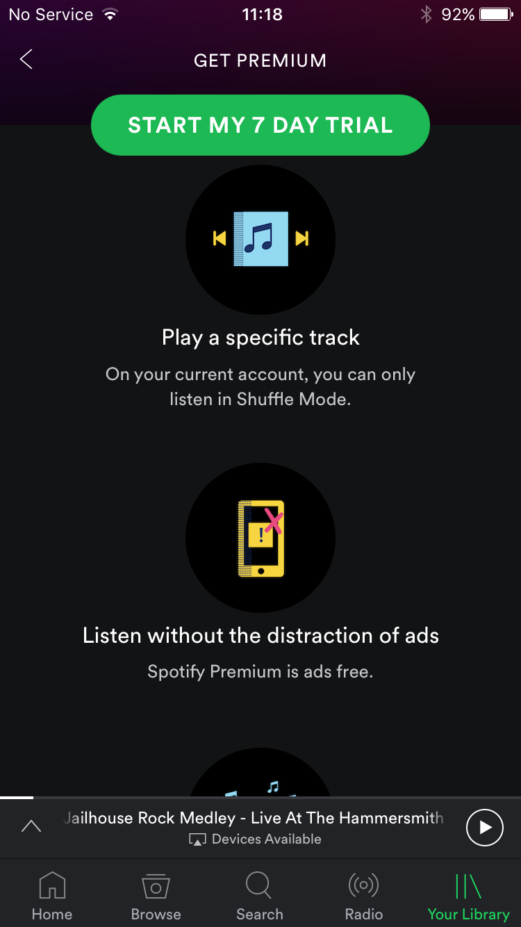 A screen explaining that only premium users can select tracks.