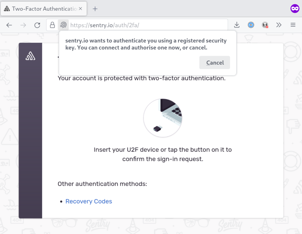 A screenshot of Sentry prompting for confirmation on the 2FA device