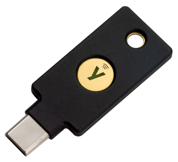 A stock photo of the hardware token, which a golden button and a male USB-C port