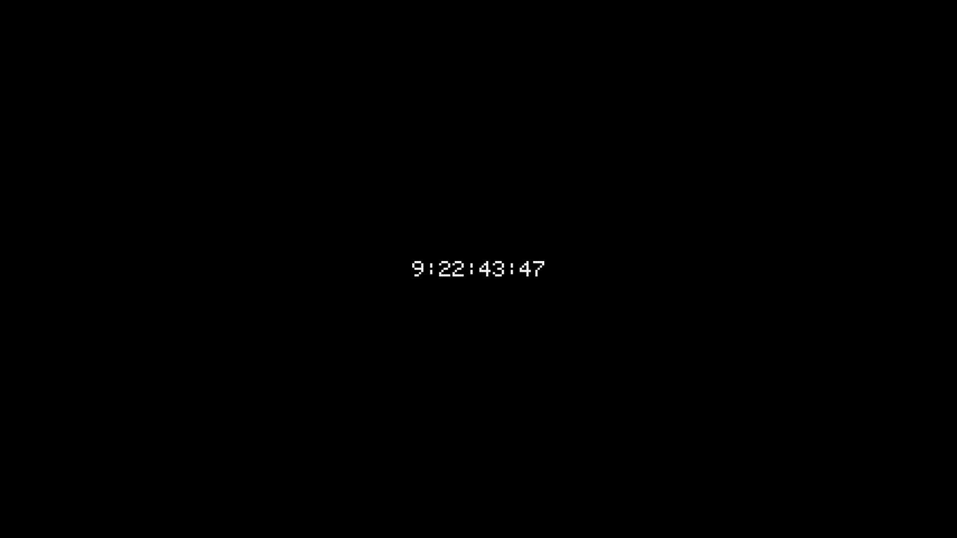 A black background with white text in 5x7 style rendering 9:22:43:47