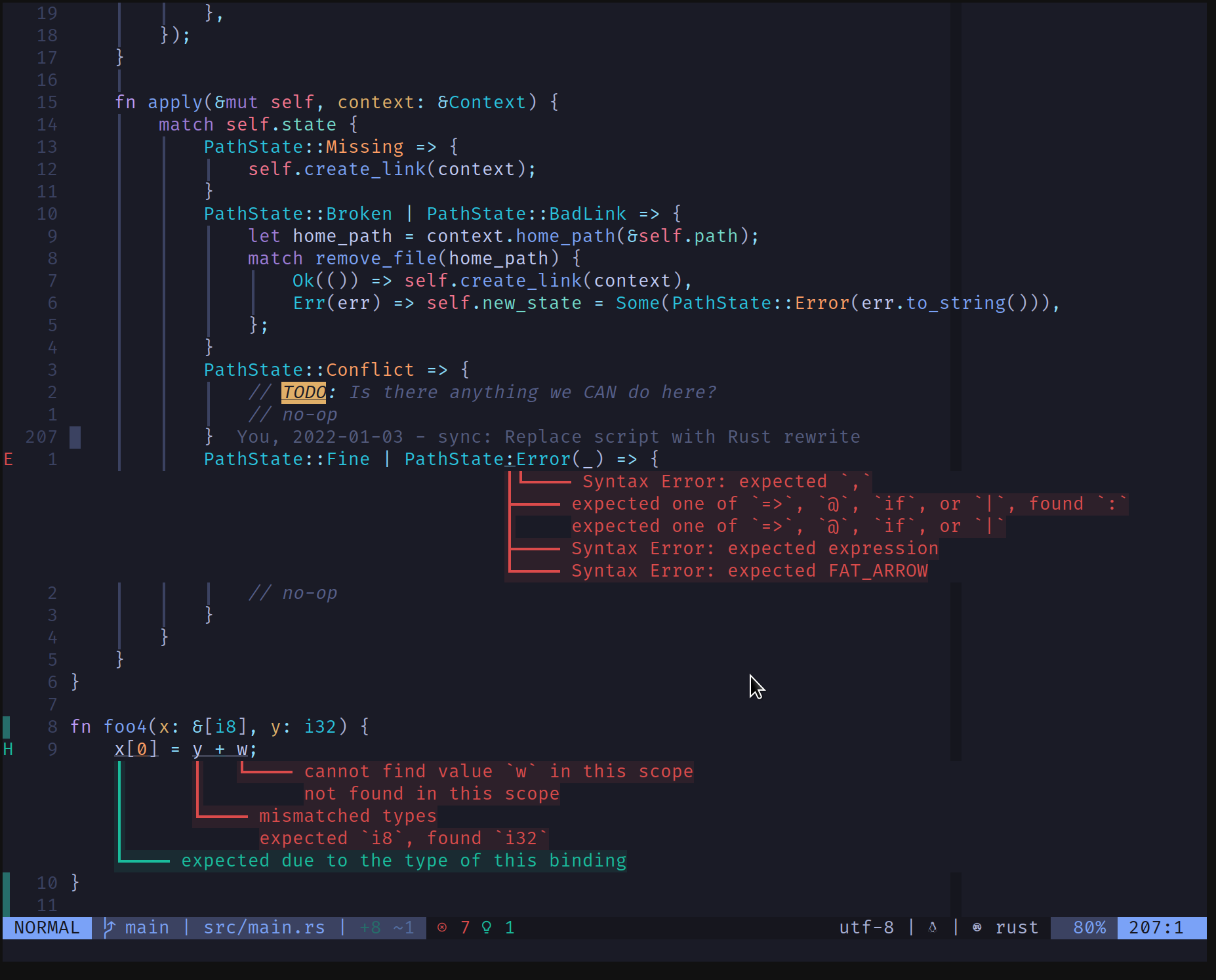 Screenshot showing neovim with multiple errors rendered as described in this article